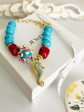 Turquoise Gemstone Bracelet | Blue Crystals Seahorse Charm